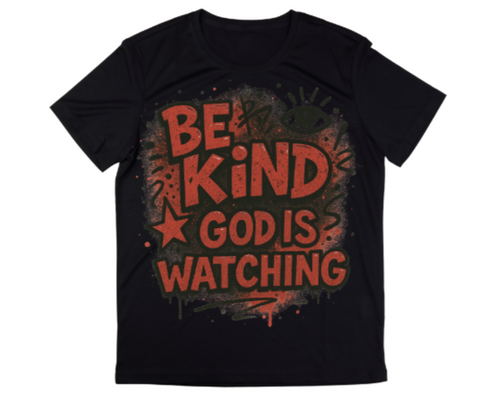 Black t-shirt with red text 'BE KIND GOD IS WATCHING' on a white background