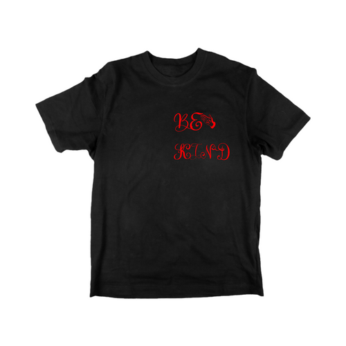 Black t-shirt with red text on a white background
