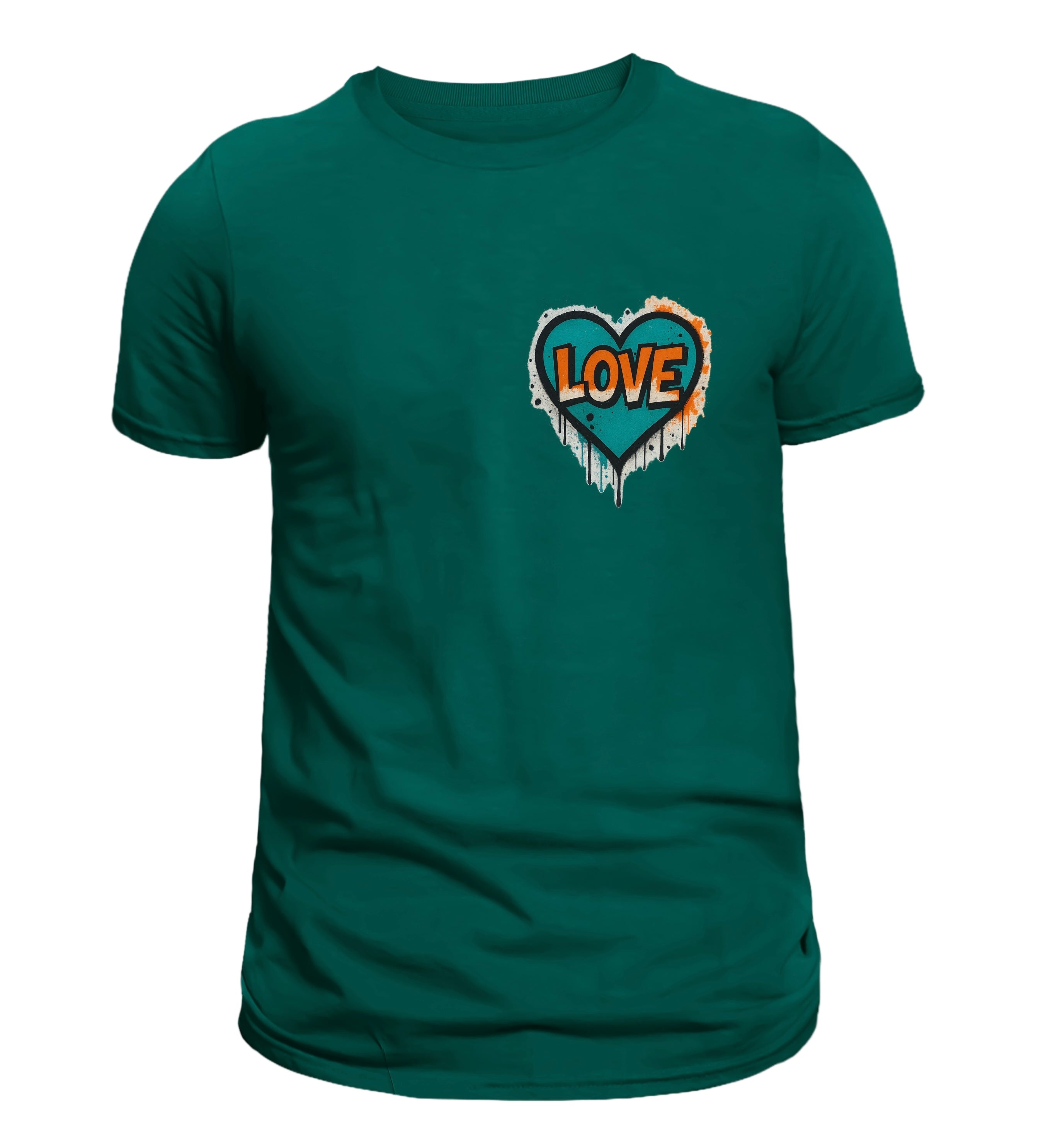 Green t-shirt with a heart-shaped 'LOVE' design on a gray background