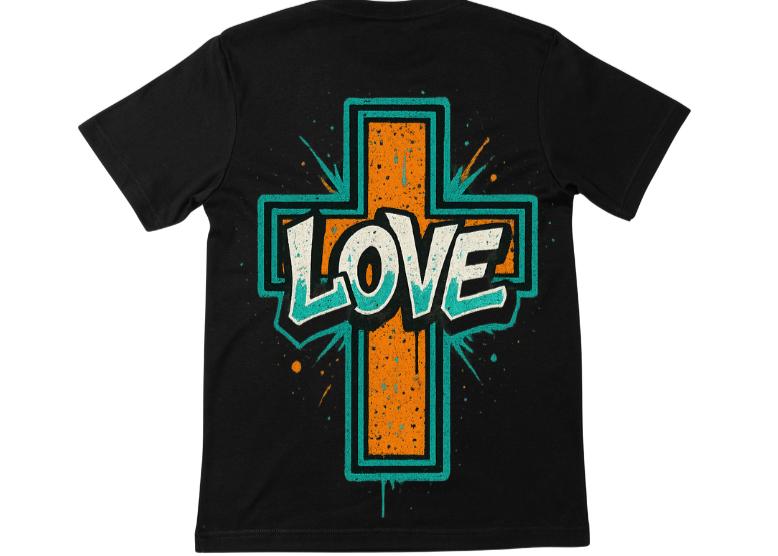 Black t-shirt with a cross and 'LOVE' text design on a white background